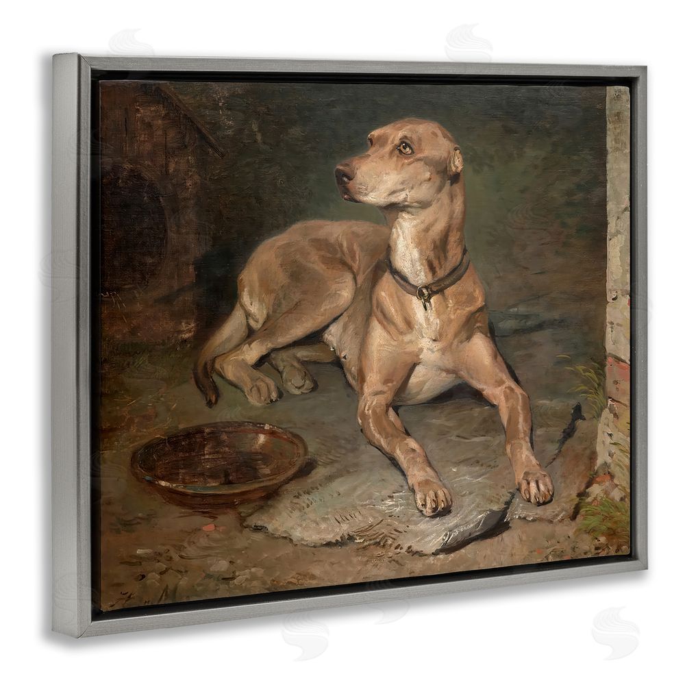 Lil' Rue Historical Dog & Bowl Gray Floating Frame Canvas Wall Art Print