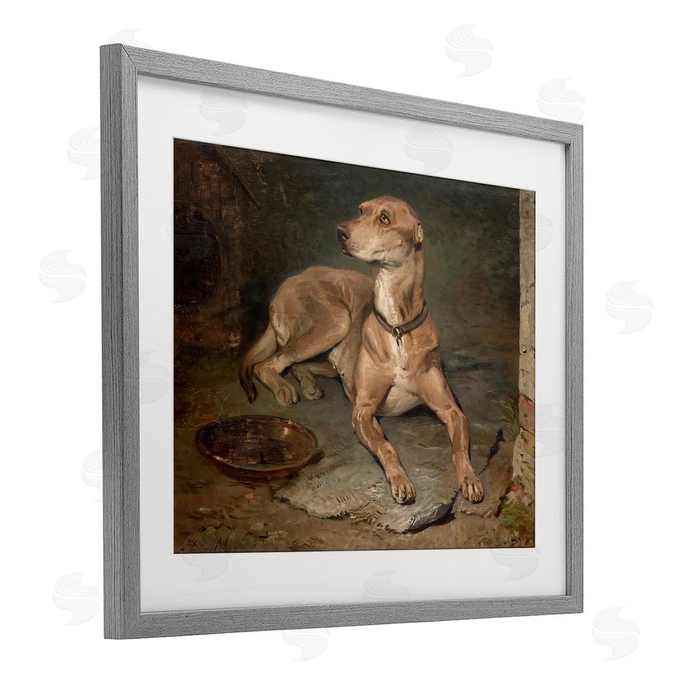 Lil' Rue Historical Dog & Bowl Gray Framed Print Under Glass Wall Art