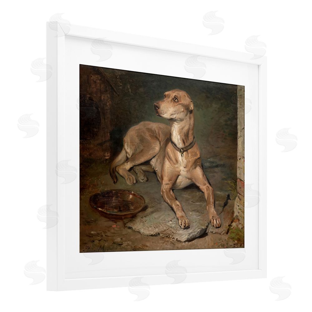 Lil' Rue Historical Dog & Bowl White Framed Print Under Glass Wall Art