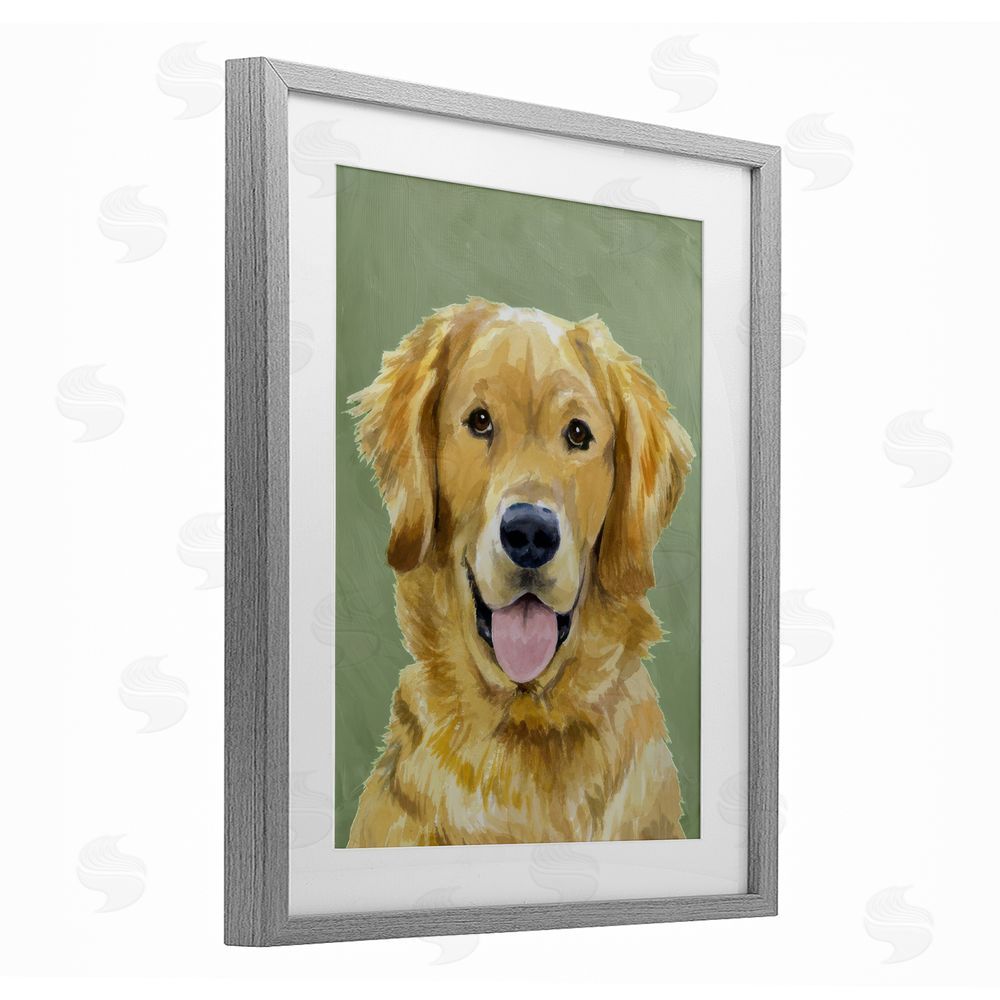 Lil' Rue Smiling Golden Retriever Portrait Gray Framed Print Under Glass with White Mat Wall Art