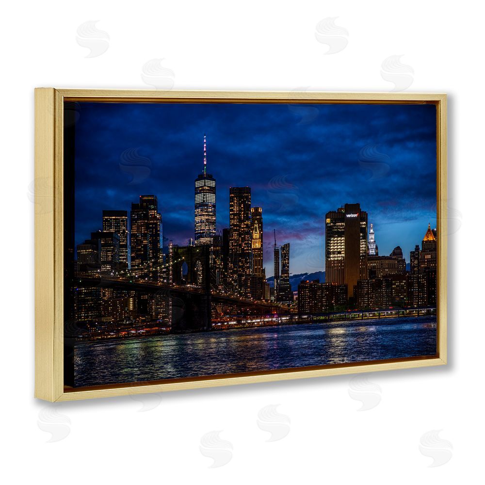 Tim West Brooklyn Bridge at Night Gold Floating Frame Canvas Wall Art Print