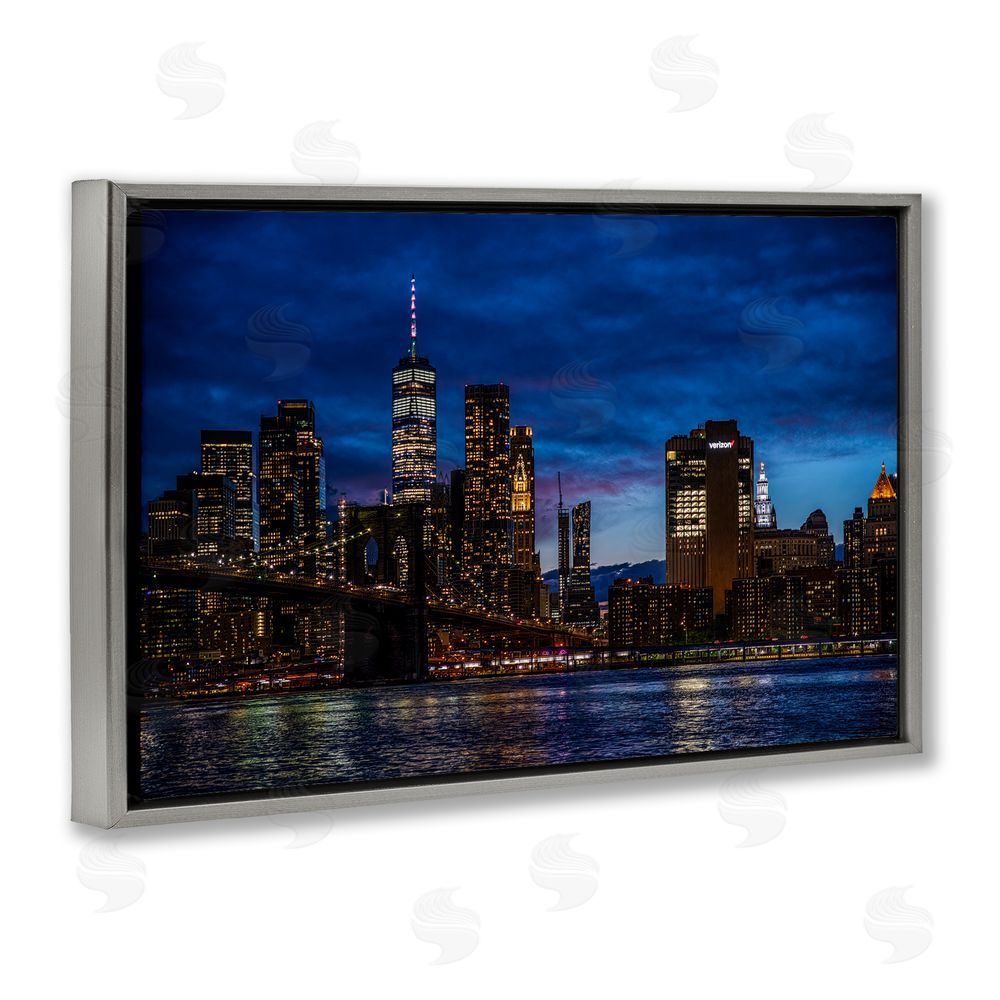 Tim West Brooklyn Bridge at Night Gray Floating Frame Canvas Wall Art Print