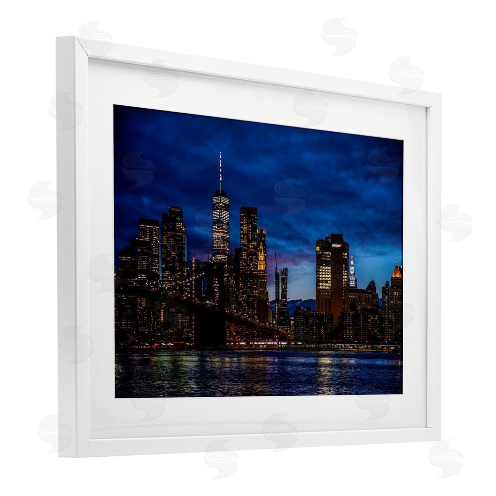 Tim West Brooklyn Bridge at Night White Framed Print Under Glass Wall Art