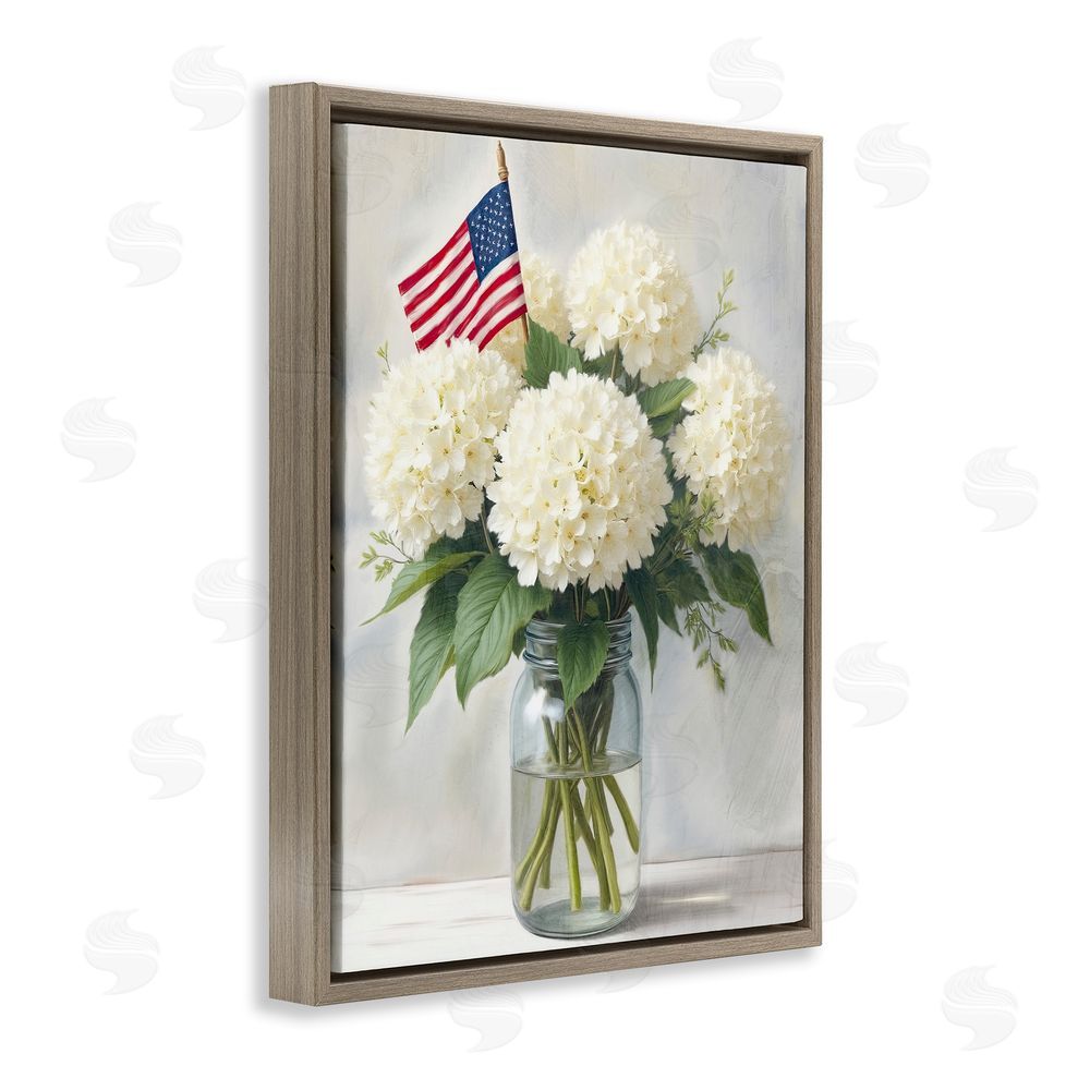 Kim Allen Festive Patriotic Hydrangea Brown Floating Frame Canvas Wall Art Print
