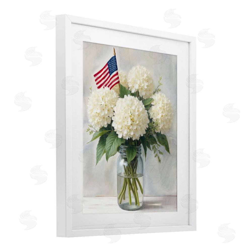 Kim Allen Festive Patriotic Hydrangea White Framed Print Under Glass Wall Art