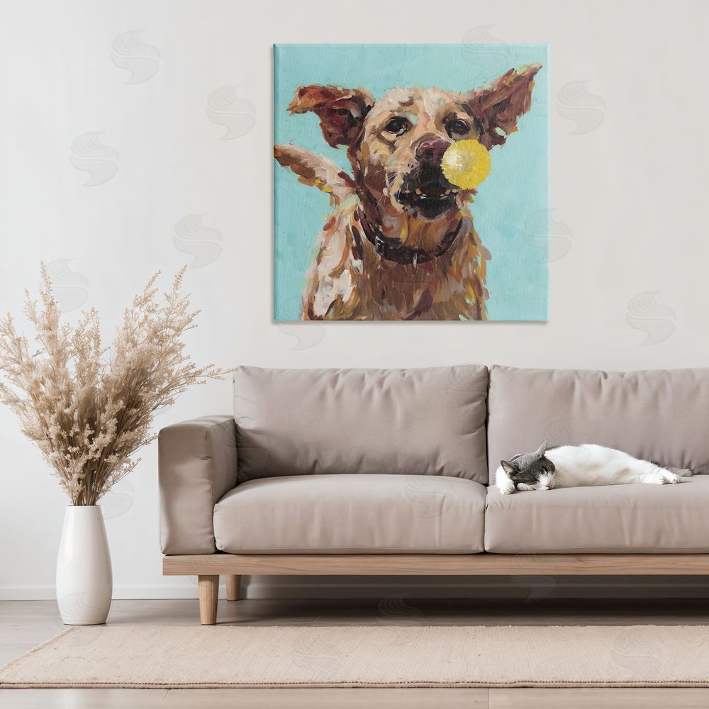 Studio Bautista Dog Playing with Ball Stretched Canvas Wall Art Print in Room
