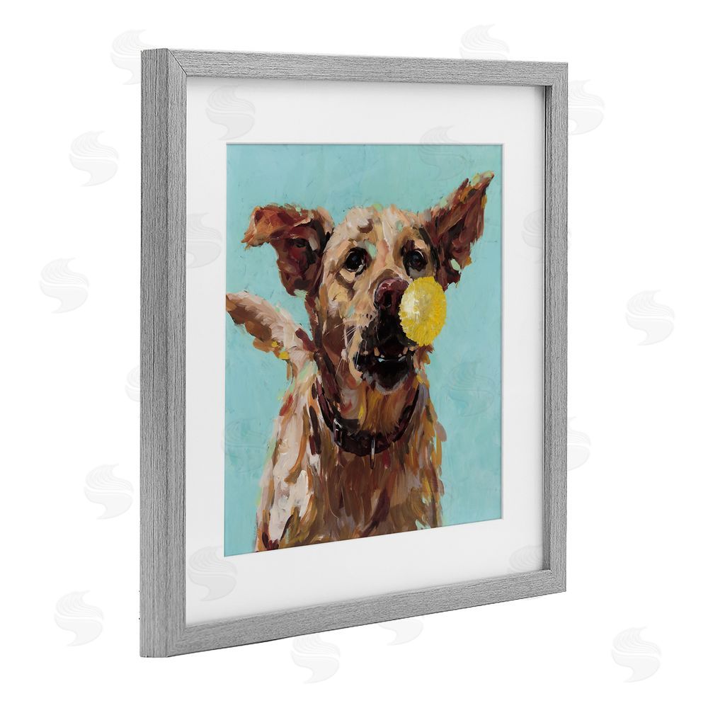 Studio Bautista Dog Playing with Ball Gray Framed Print Under Glass Wall Art