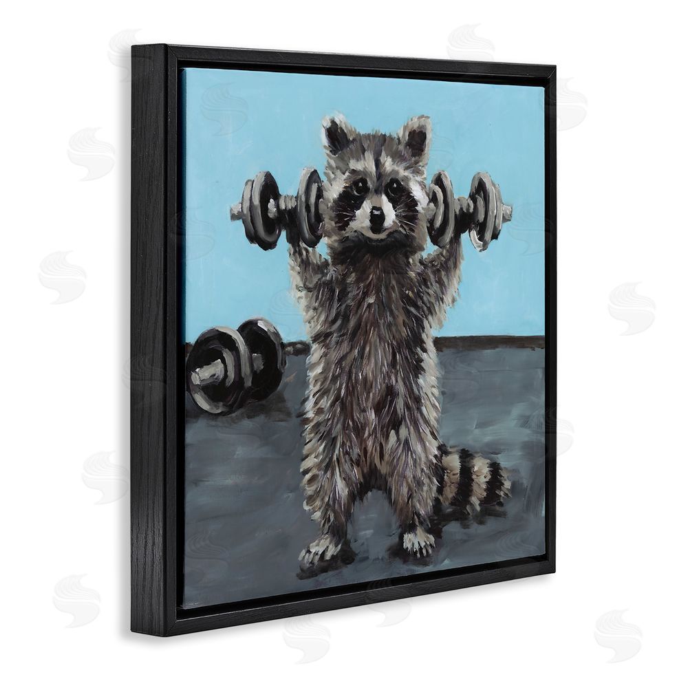 Studio Bautista Fitness Raccoon with Weights Black Floating Frame Canvas Wall Art Print