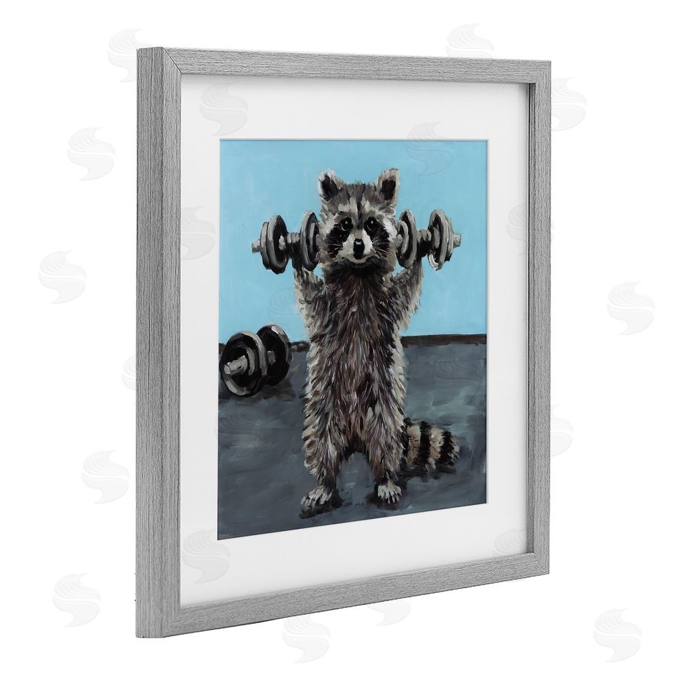 Studio Bautista Fitness Raccoon with Weights Gray Framed Print Under Glass Wall Art