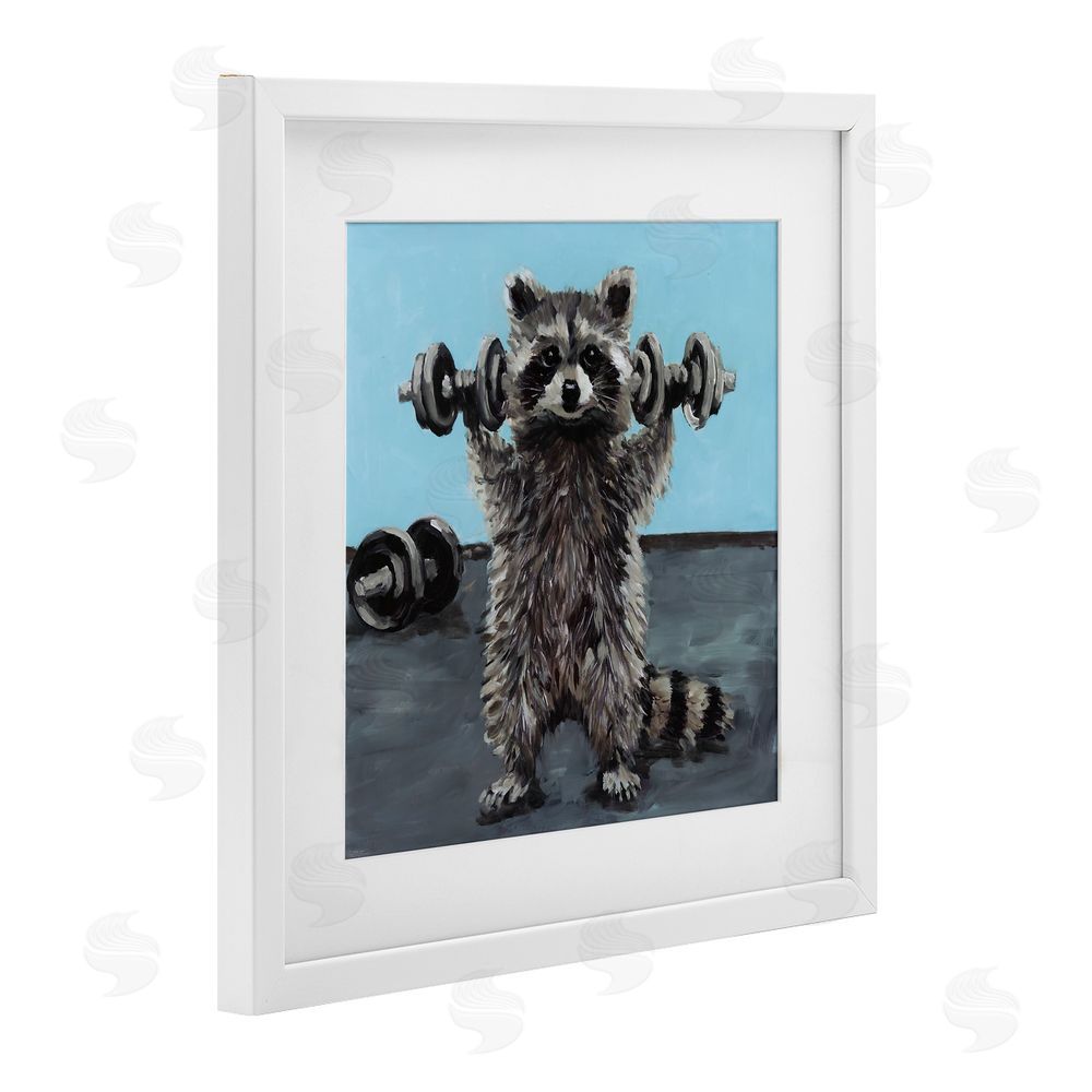 Studio Bautista Fitness Raccoon with Weights White Framed Print Under Glass Wall Art