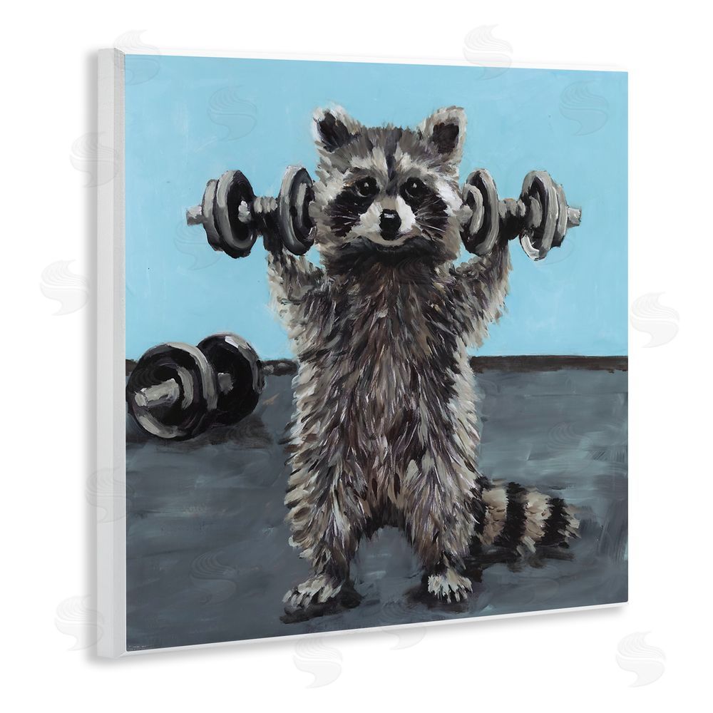 Studio Bautista Fitness Raccoon with Weights Wooden Wall Plaque Art Print