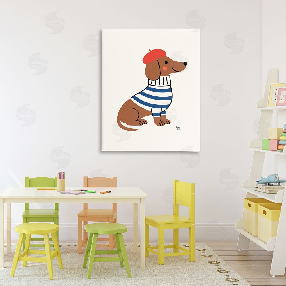 Jessica Beck French Dachshund in Beret Stretched Canvas Wall Art Print in Room