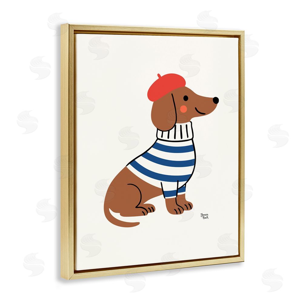 Jessica Beck French Dachshund in Beret Gold Floating Frame Canvas Wall Art Print