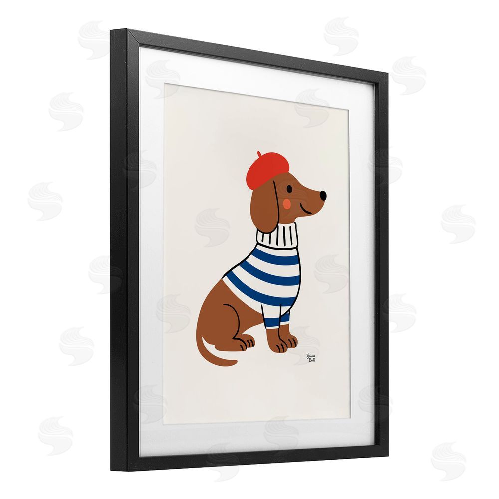 Jessica Beck French Dachshund in Beret Black Framed Print Under Glass Wall Art