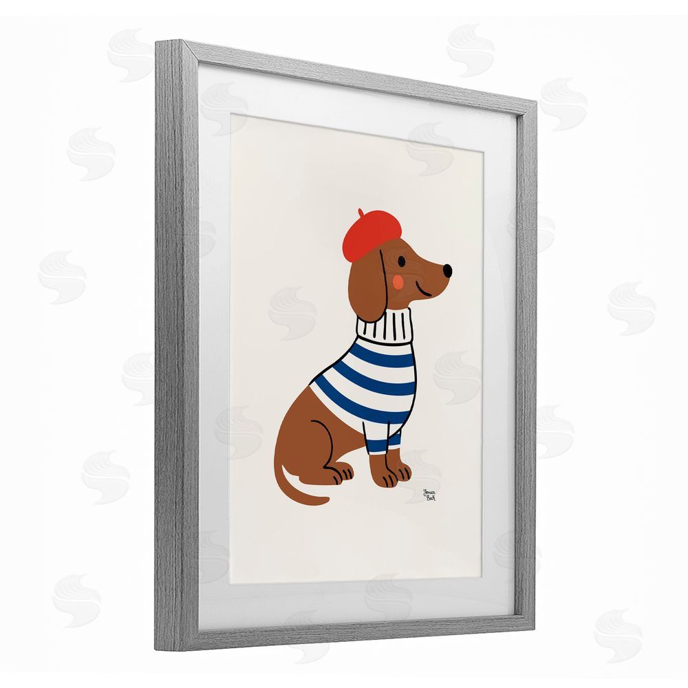 Jessica Beck French Dachshund in Beret Gray Framed Print Under Glass Wall Art