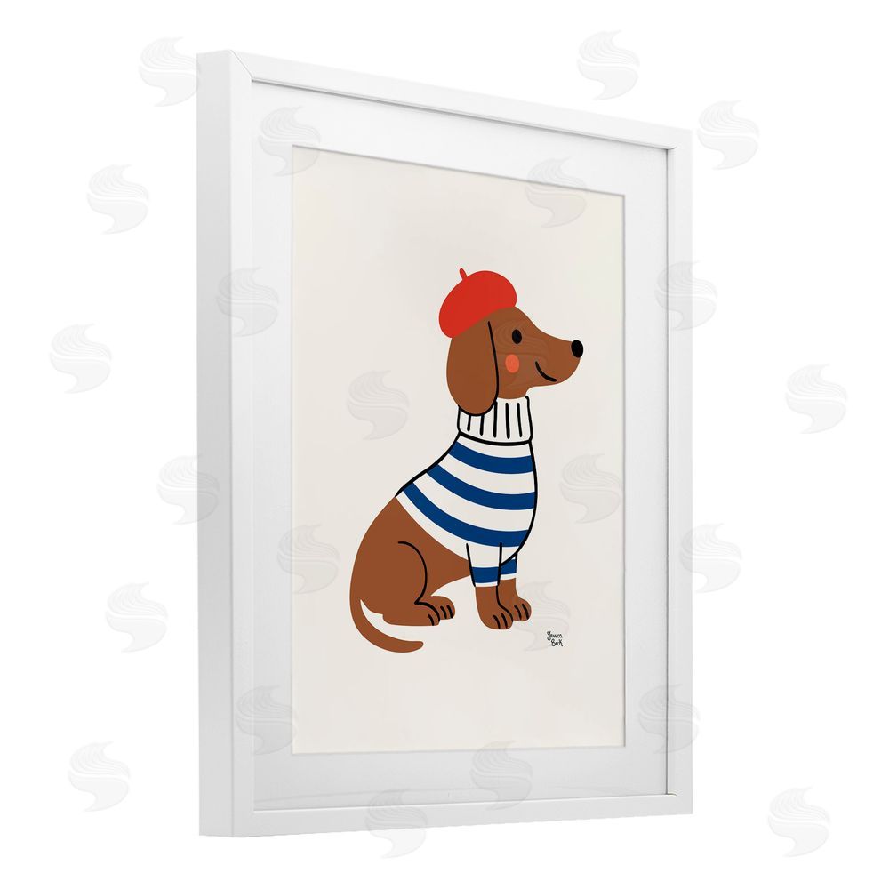 Jessica Beck French Dachshund in Beret White Framed Print Under Glass Wall Art