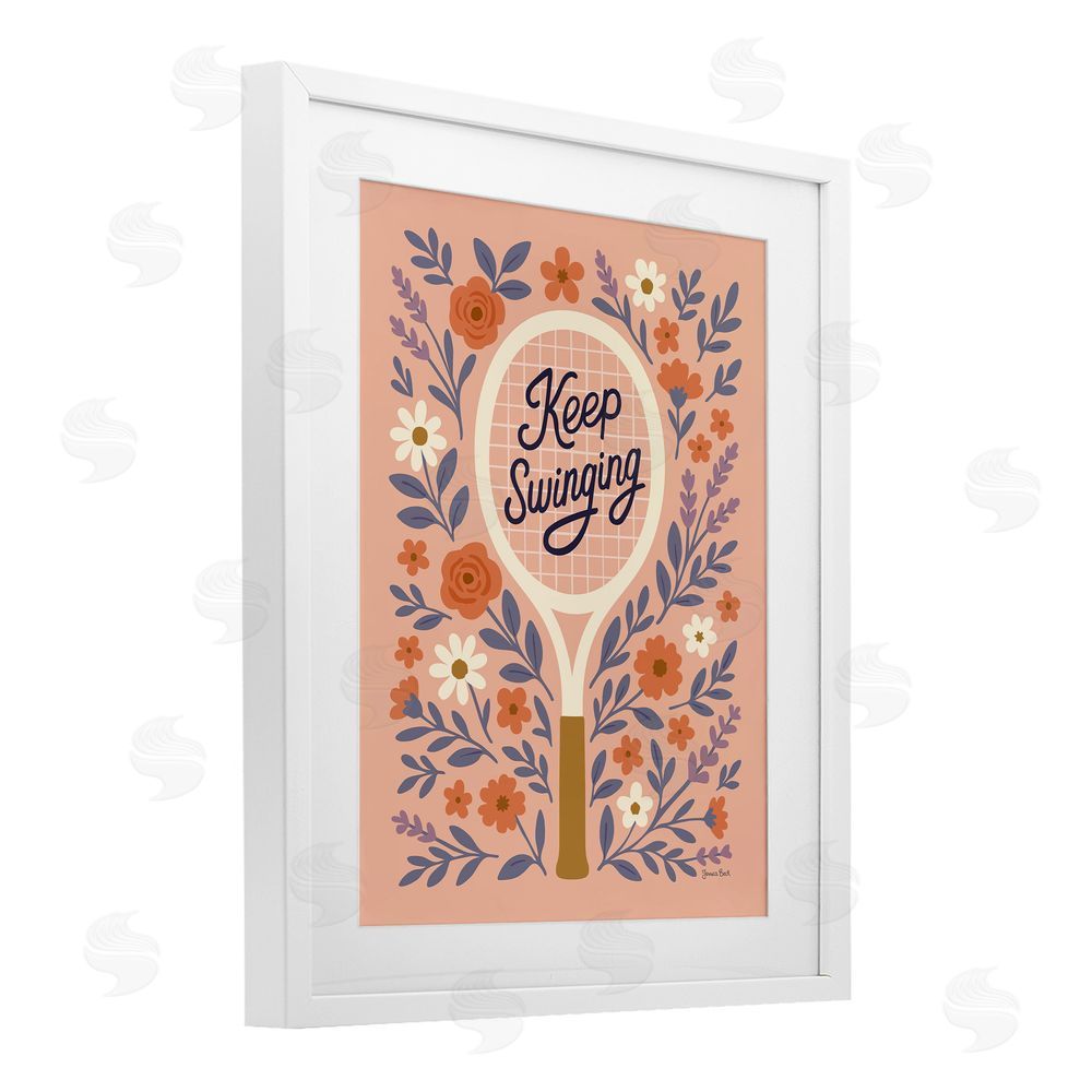 Jessica Beck Keep Swinging Floral Tennis White Framed Print Under Glass Wall Art