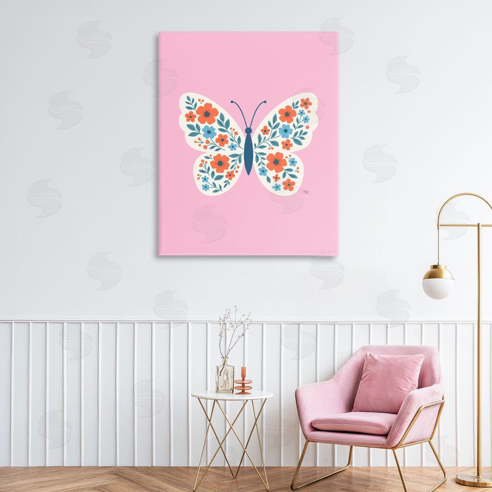 Jessica Beck Boho Pink Floral Butterfly Stretched Canvas Wall Art Print in Room