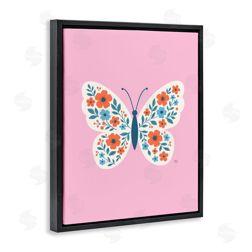 Jessica Beck Boho Pink Floral Butterfly Black Floating Frame Canvas Wall Art Print