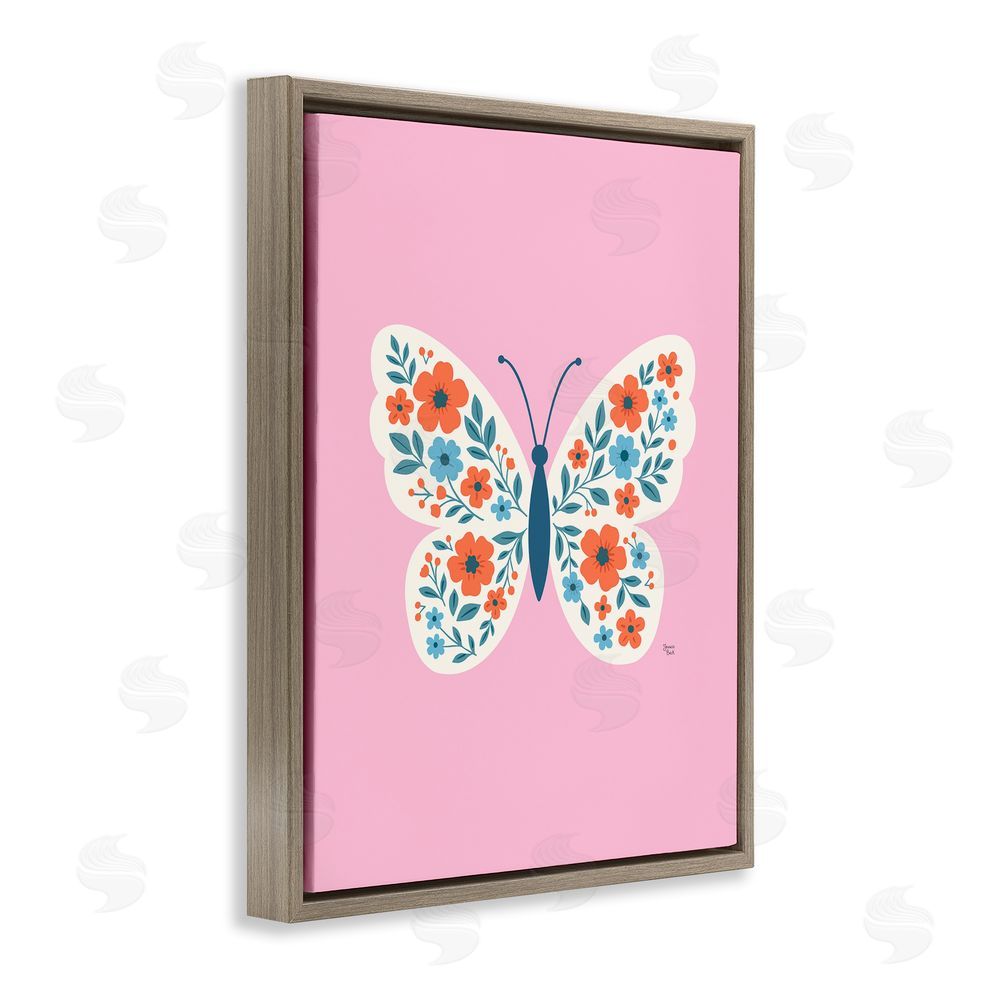 Jessica Beck Boho Pink Floral Butterfly Brown Floating Frame Canvas Wall Art Print