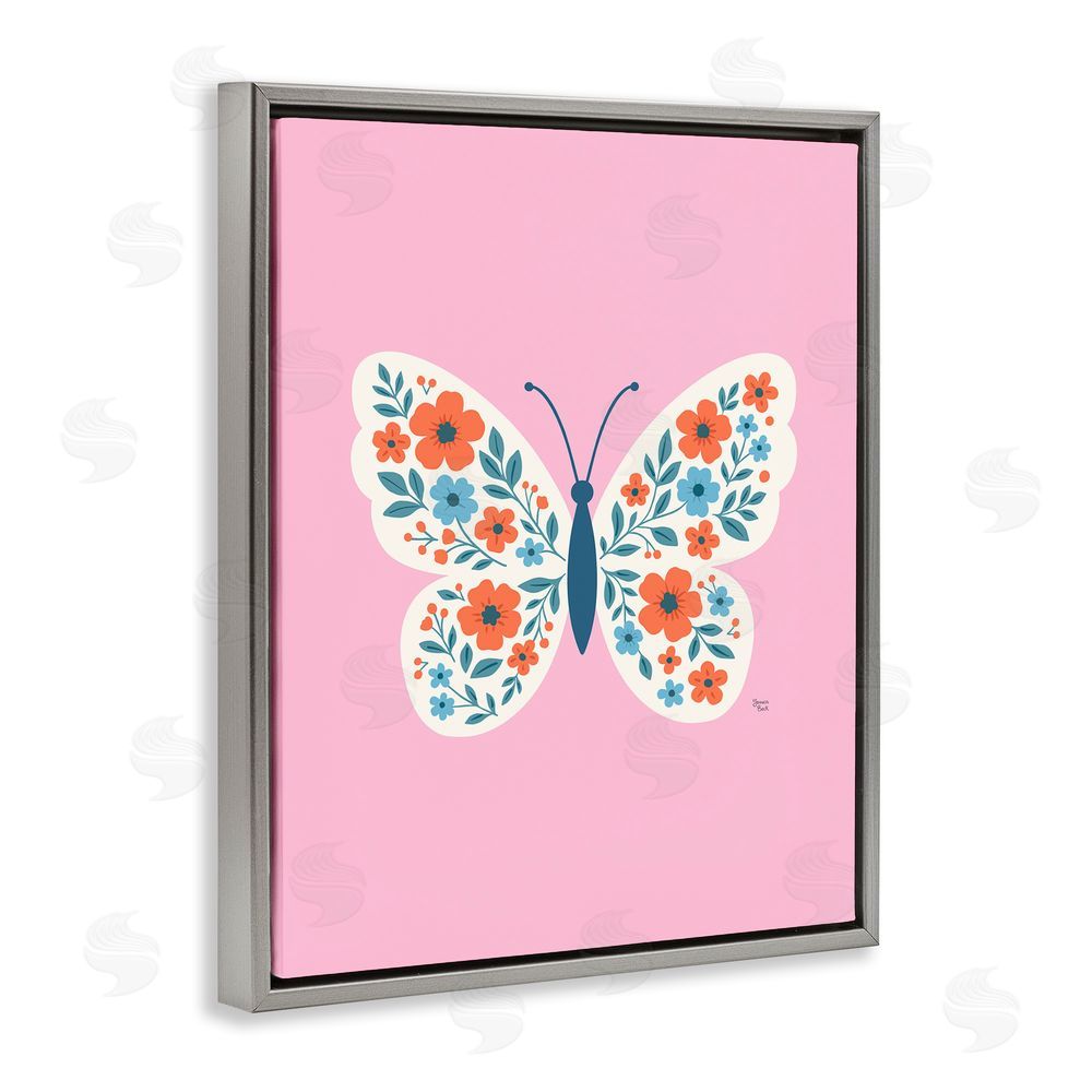 Jessica Beck Boho Pink Floral Butterfly Gray Floating Frame Canvas Wall Art Print
