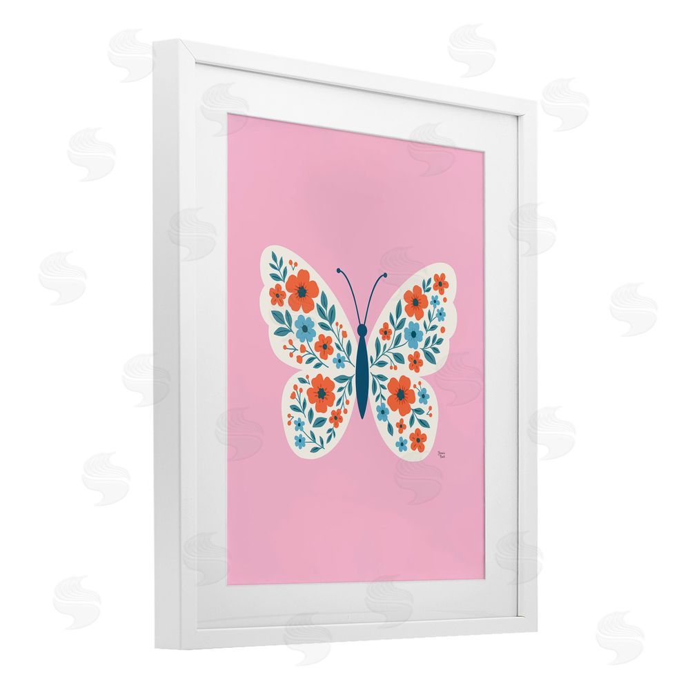 Jessica Beck Boho Pink Floral Butterfly White Framed Print Under Glass Wall Art