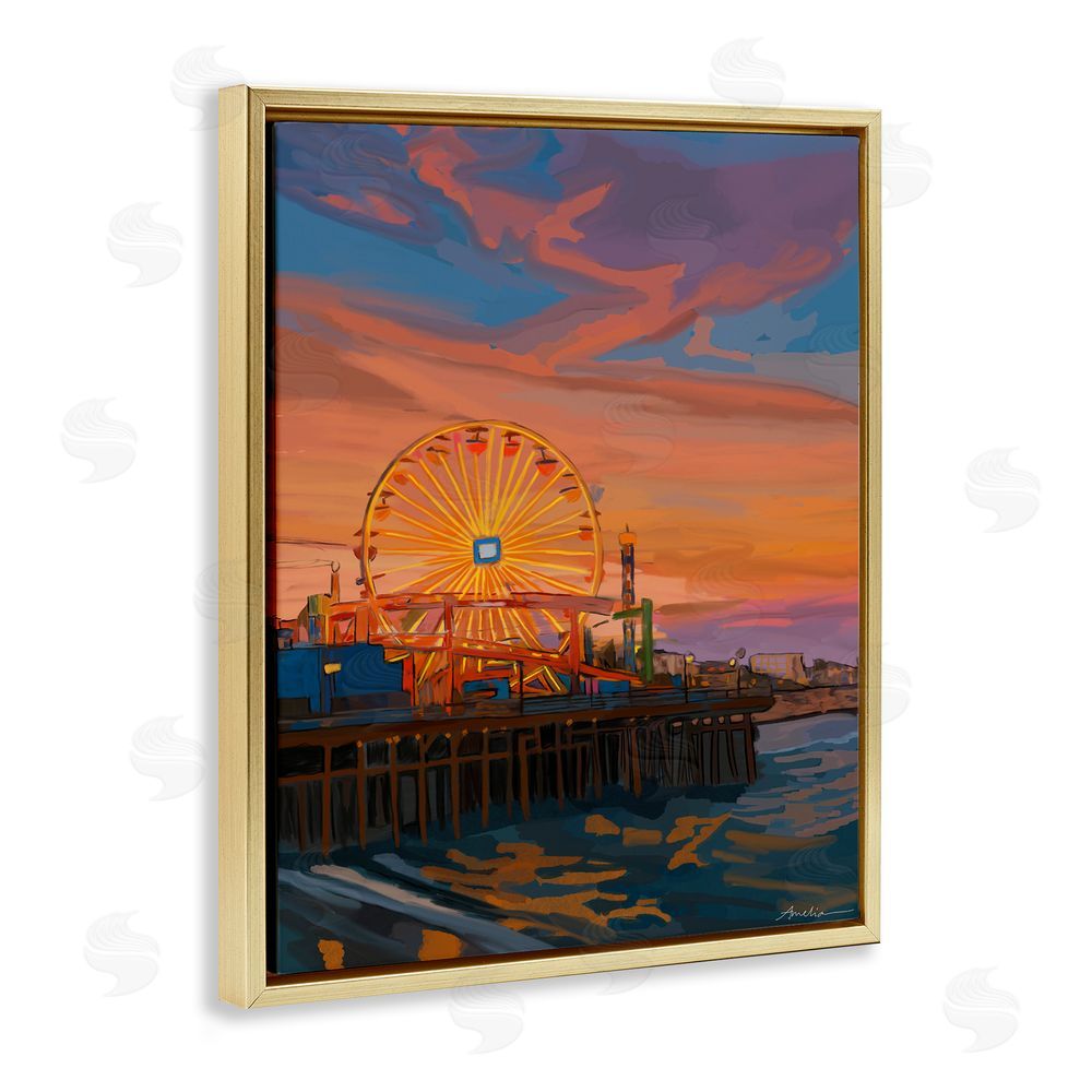 Amelia Noyes Santa Monica Pier Sunset Gold Floating Frame Canvas Wall Art Print