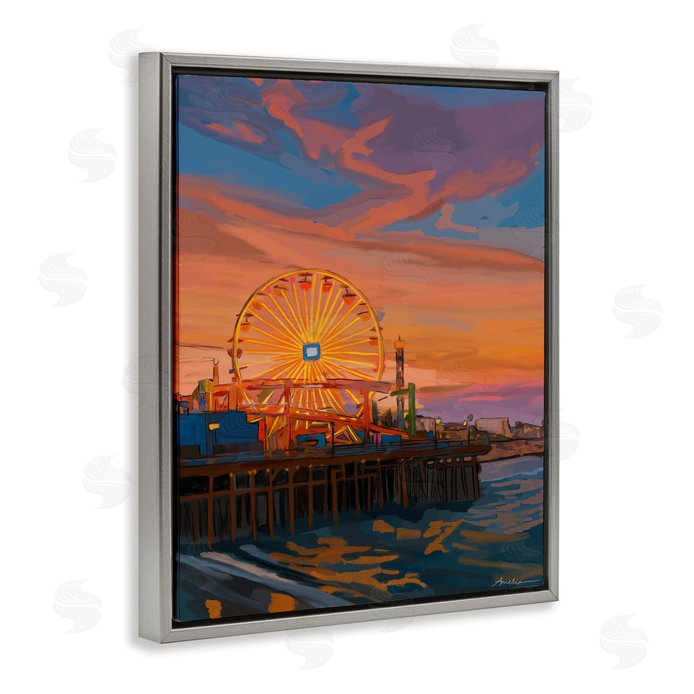 Amelia Noyes Santa Monica Pier Sunset Gray Floating Frame Canvas Wall Art Print