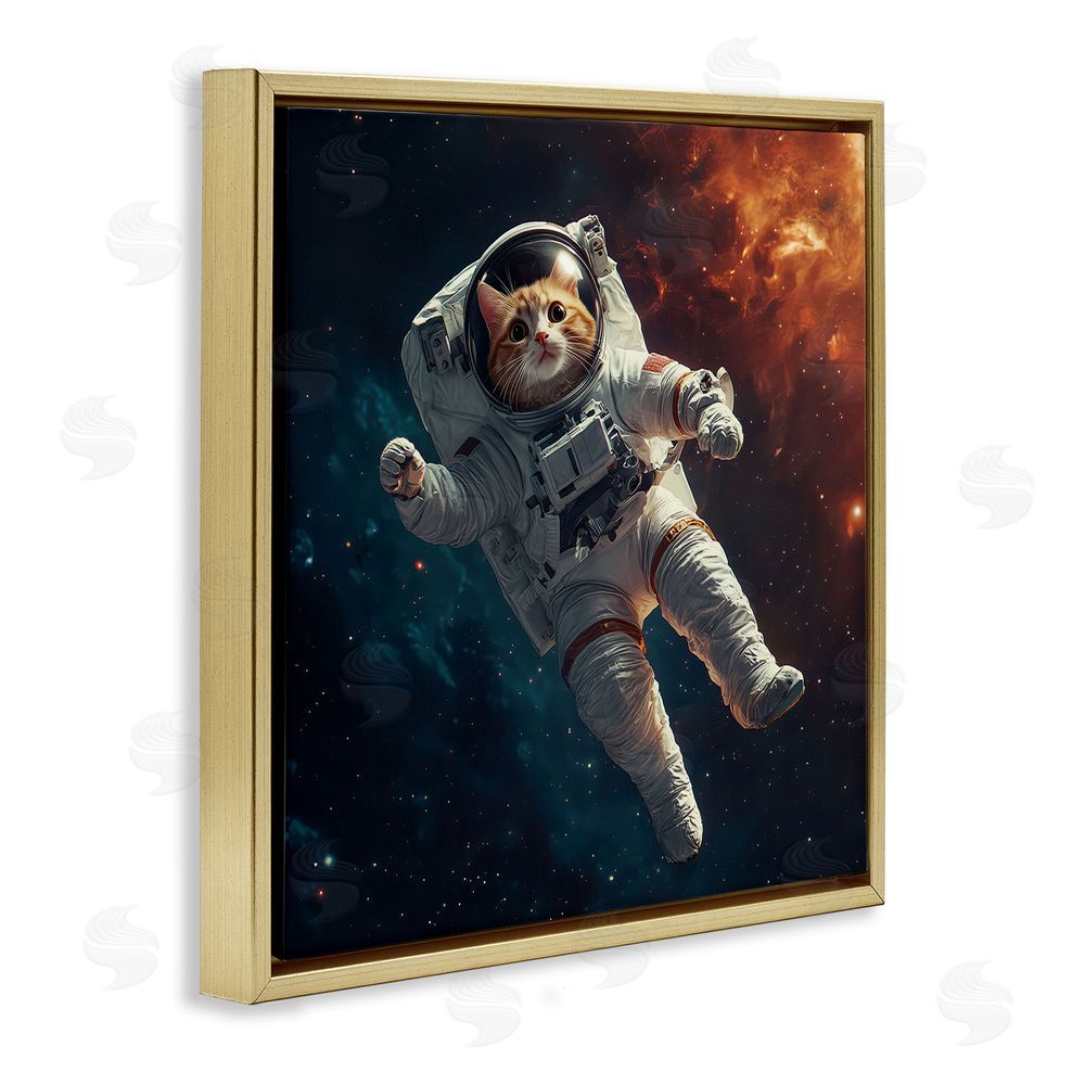 Jim Baldwin Interstellar Cat Astronaut Gold Floating Frame Canvas Wall Art Print