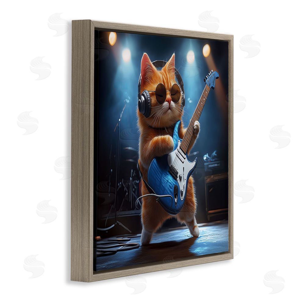 Jim Baldwin Cat Guitarist in Band Brown Floating Frame Canvas Wall Art Print