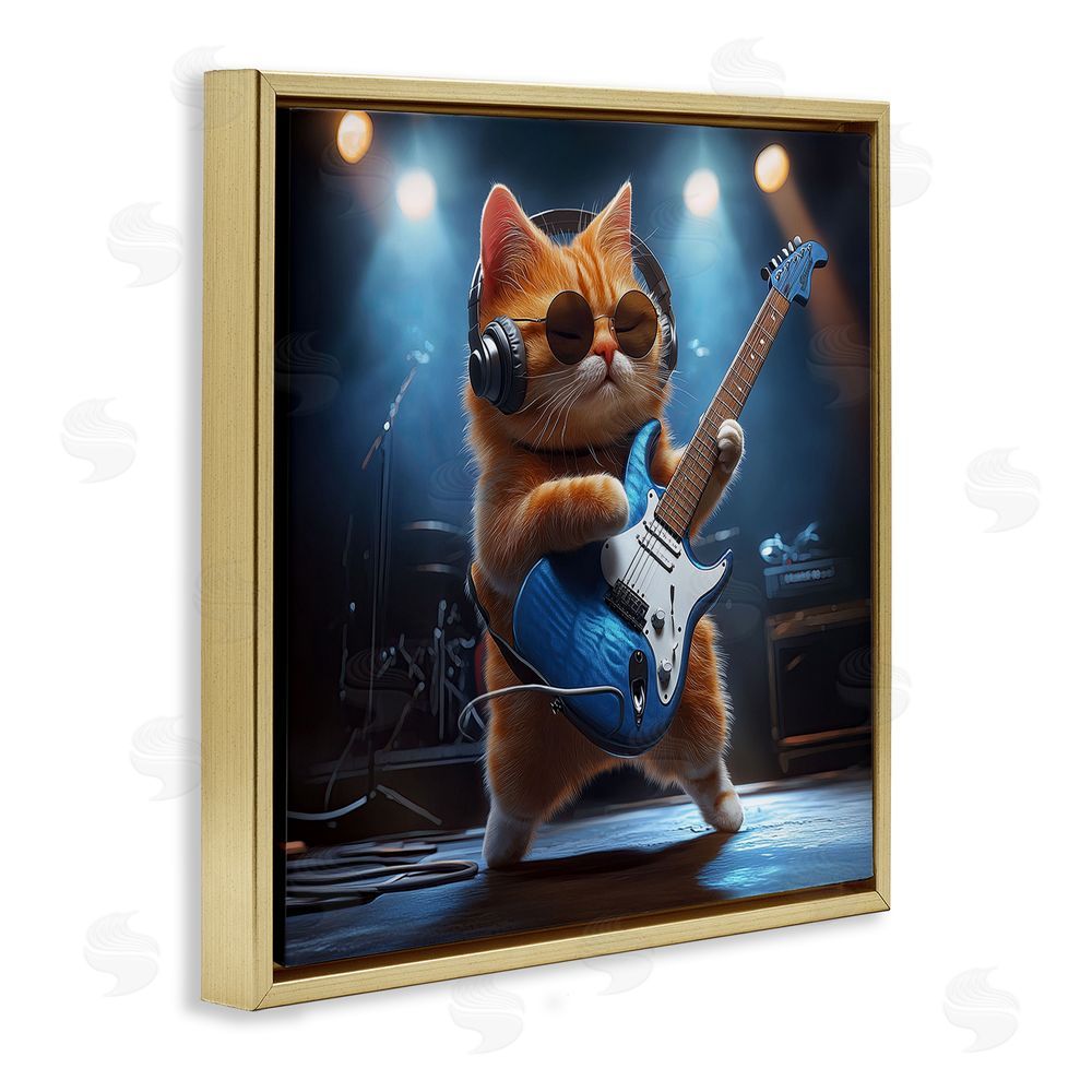 Jim Baldwin Cat Guitarist in Band Gold Floating Frame Canvas Wall Art Print