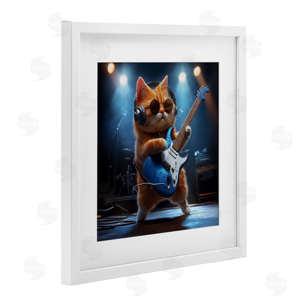 Jim Baldwin Cat Guitarist in Band White Framed Print Under Glass Wall Art