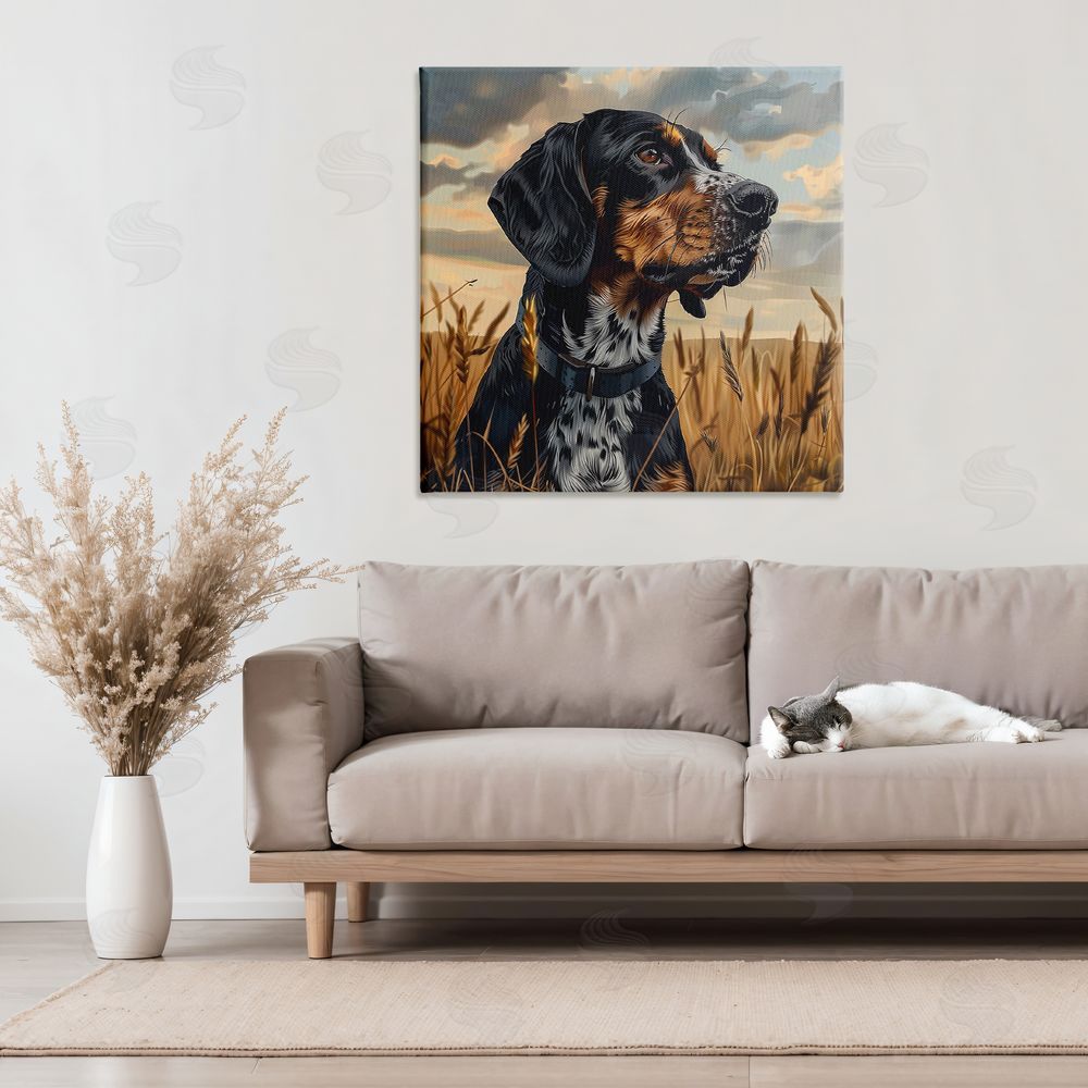Jim Baldwin Bluetick Coonhound in Meadow Stretched Canvas Wall Art in Room