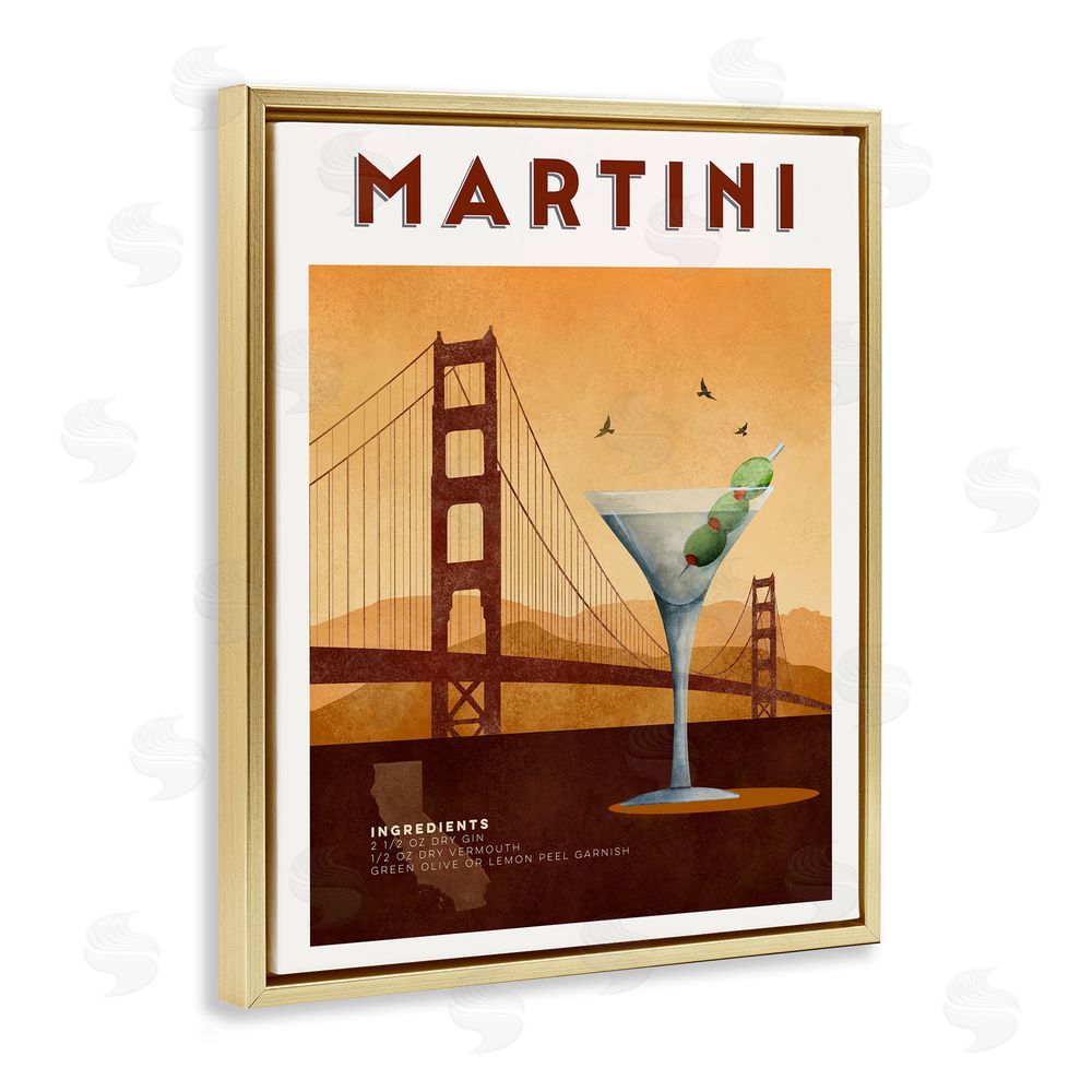 Brett Blumenthal Retro Martini & Bridge View Gold Floating Frame Canvas Wall Art Print