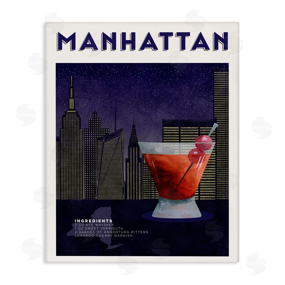 Brett Blumenthal Retro Manhattan Cocktail Cityscape Stretched Canvas Wall Art Print