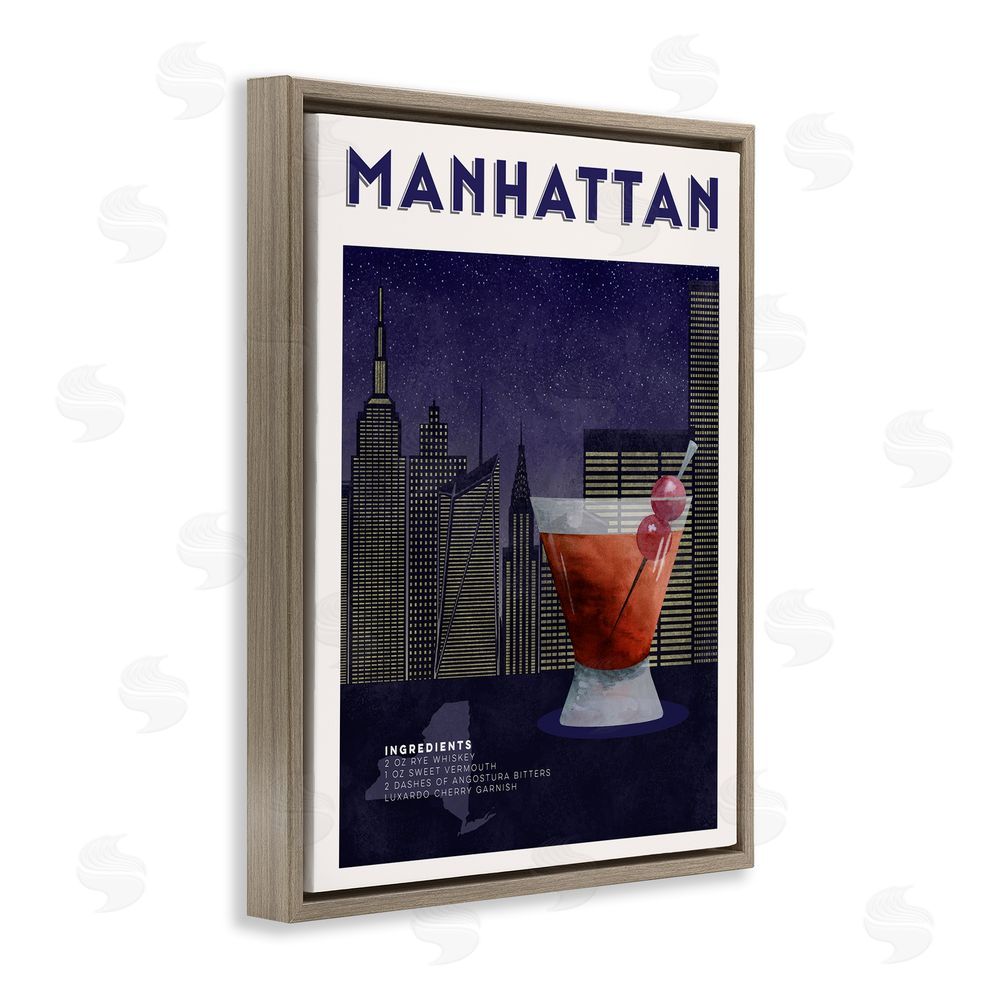Brett Blumenthal Retro Manhattan Cocktail Cityscape Brown Floating Frame Canvas Wall Art Print