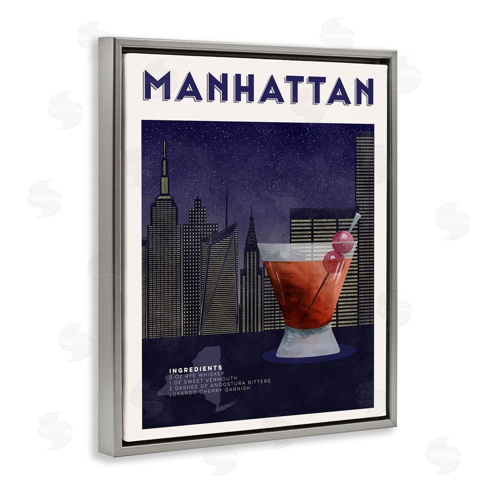 Brett Blumenthal Retro Manhattan Cocktail Cityscape Gray Floating Frame Canvas Wall Art Print
