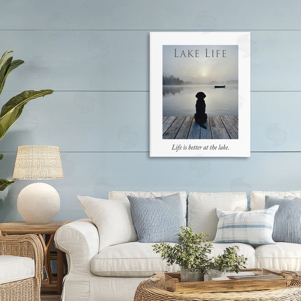 A Barefoot Stylist Lake Life with Dog Stretched Canvas Wall Art in Room