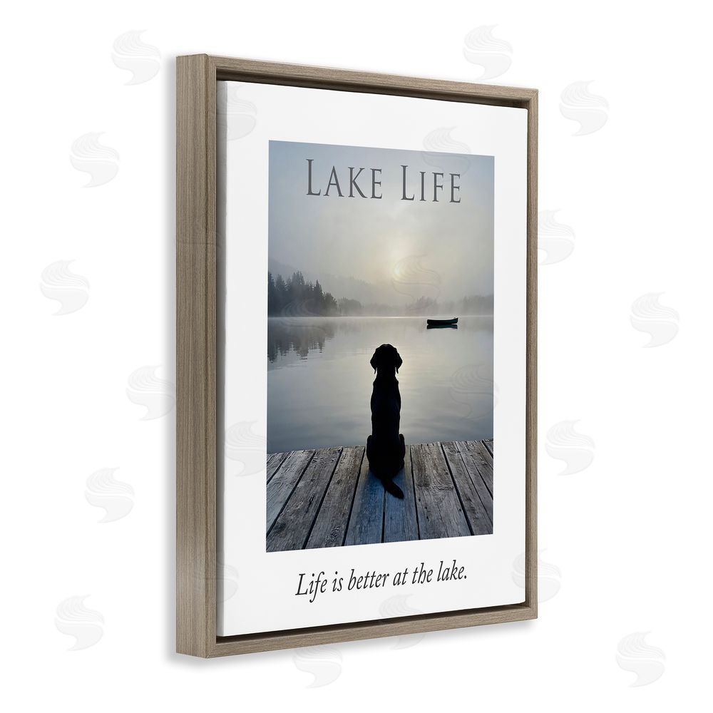 A Barefoot Stylist Lake Life with Dog Brown Floating Frame Canvas Wall Art Print