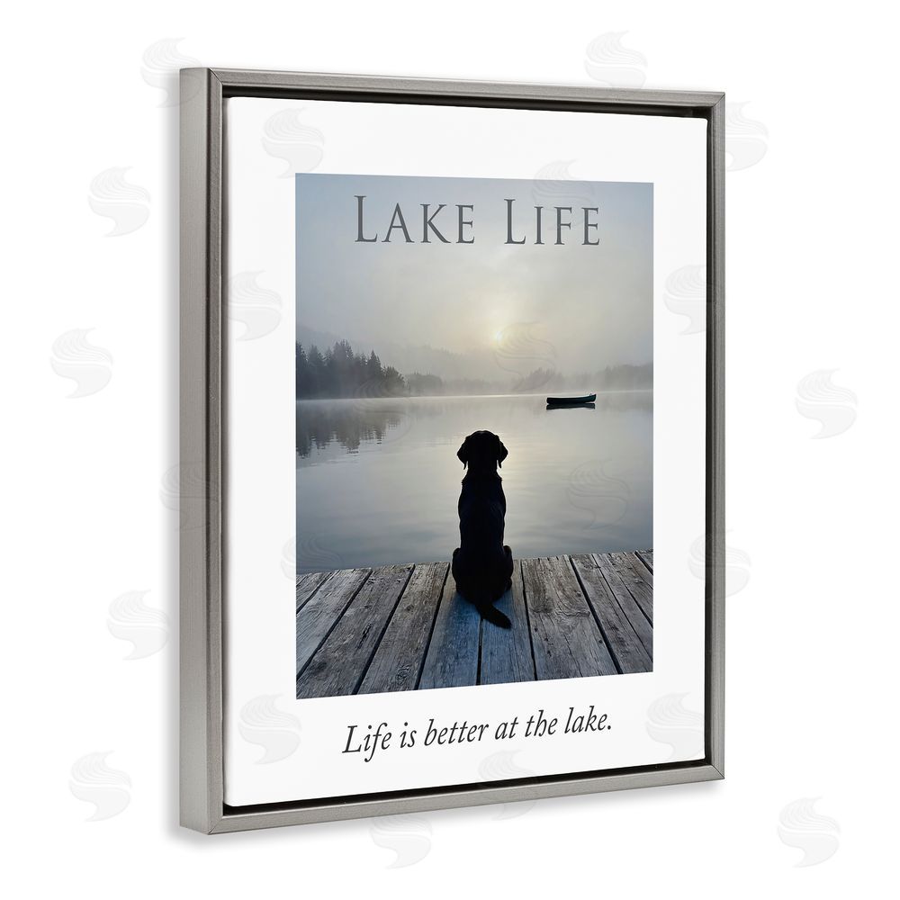 A Barefoot Stylist Lake Life with Dog Gray Floating Frame Canvas Wall Art Print