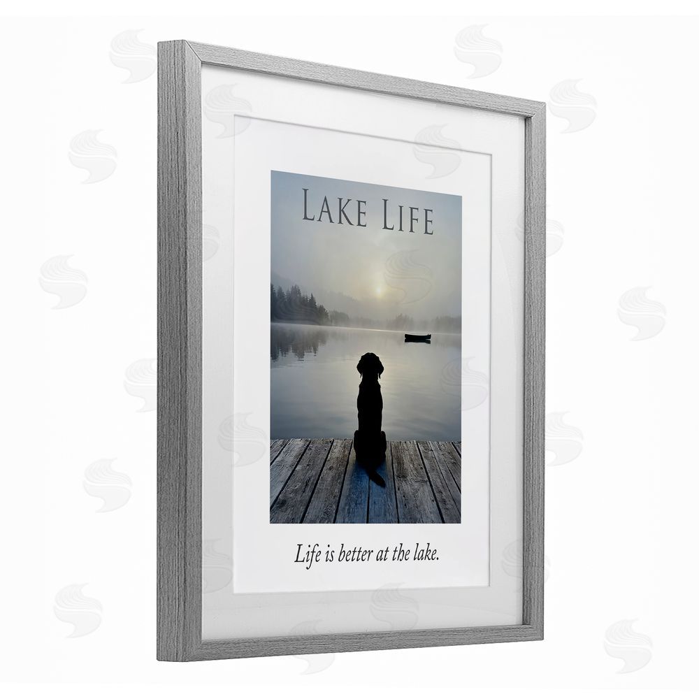 A Barefoot Stylist Lake Life with Dog Gray Framed Print Under Glass Wall Art