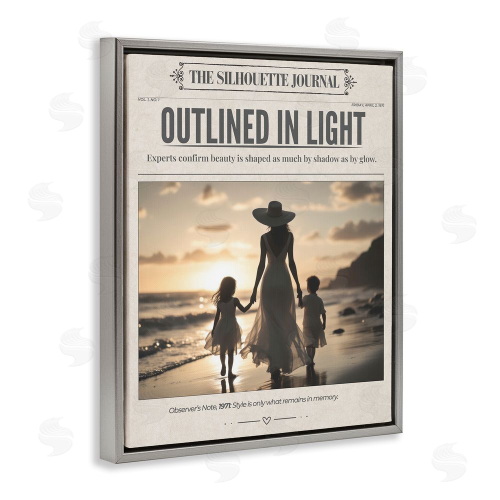 A Barefoot Stylist Outlined In Light Newspaper Gray Floating Frame Canvas Wall Art Print
