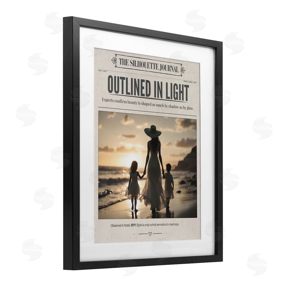 A Barefoot Stylist Outlined In Light Newspaper Black Framed Print Under Glass Wall Art