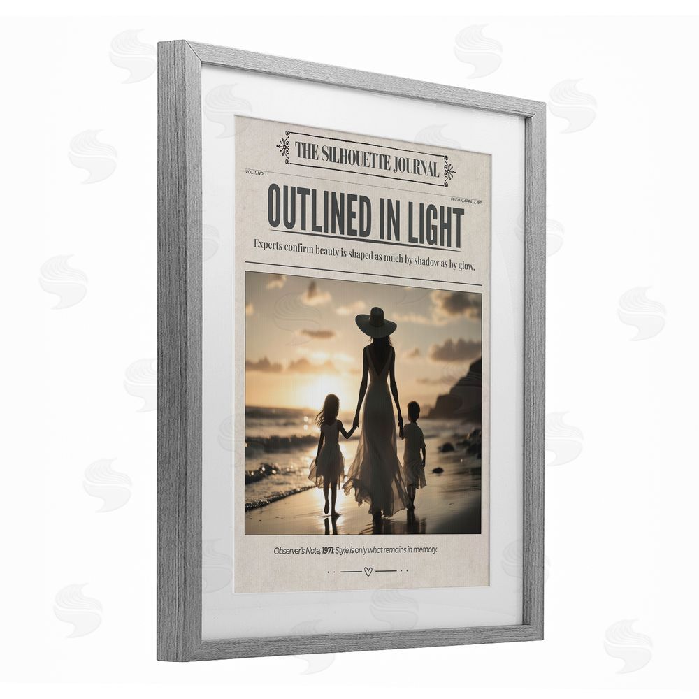 A Barefoot Stylist Outlined In Light Newspaper Gray Framed Print Under Glass Wall Art