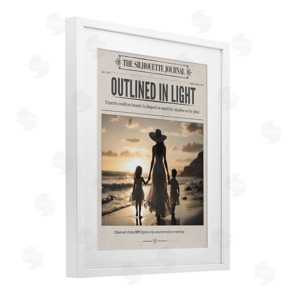A Barefoot Stylist Outlined In Light Newspaper White Framed Print Under Glass Wall Art