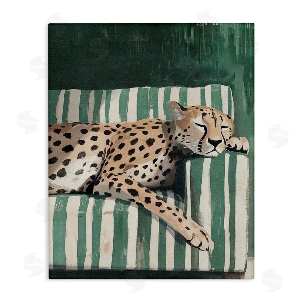 Annabelle Hall Cheetah on Striped Sofa Stretched Canvas Wall Art Print