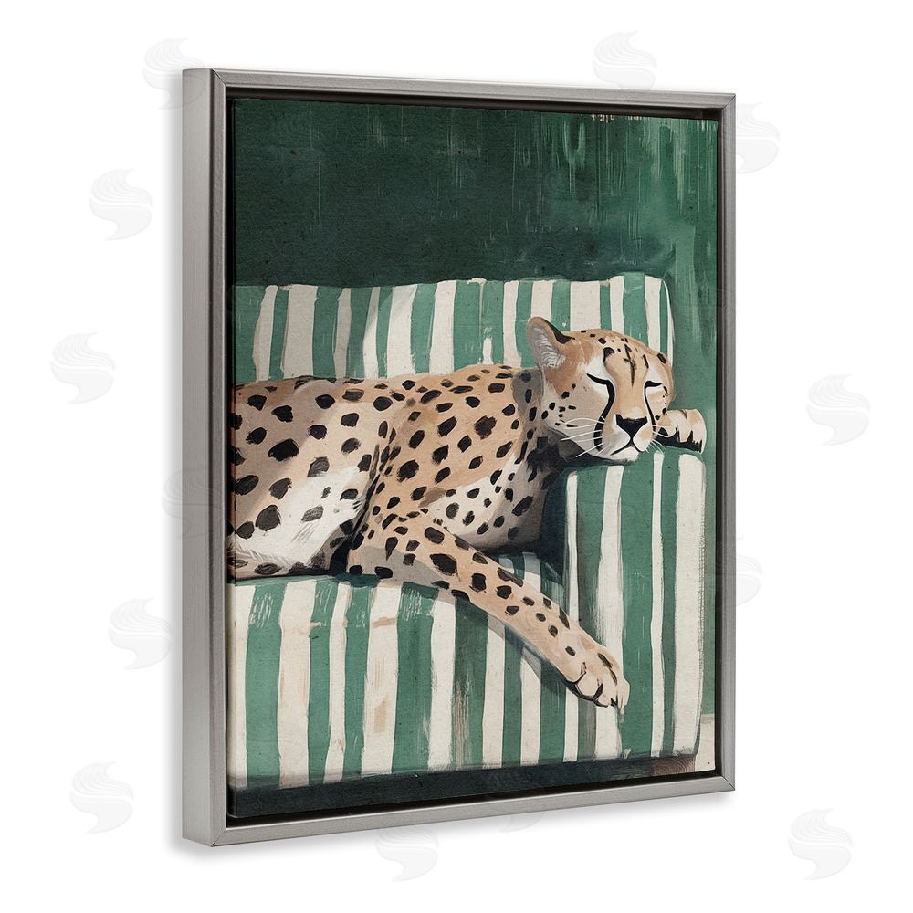 Annabelle Hall Cheetah on Striped Sofa Gray Floating Frame Canvas Wall Art Print