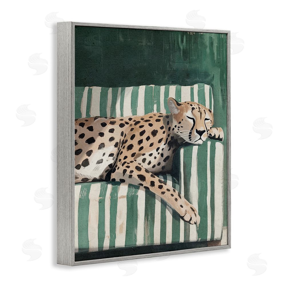 Annabelle Hall Cheetah on Striped Sofa Gray Framed Giclee Wall Art Print