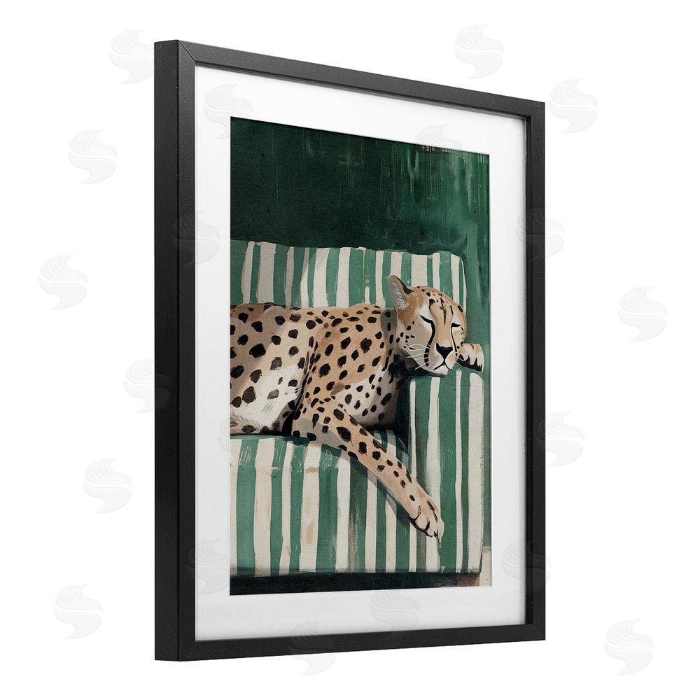 Annabelle Hall Cheetah on Striped Sofa Black Framed Print Under Glass Wall Art