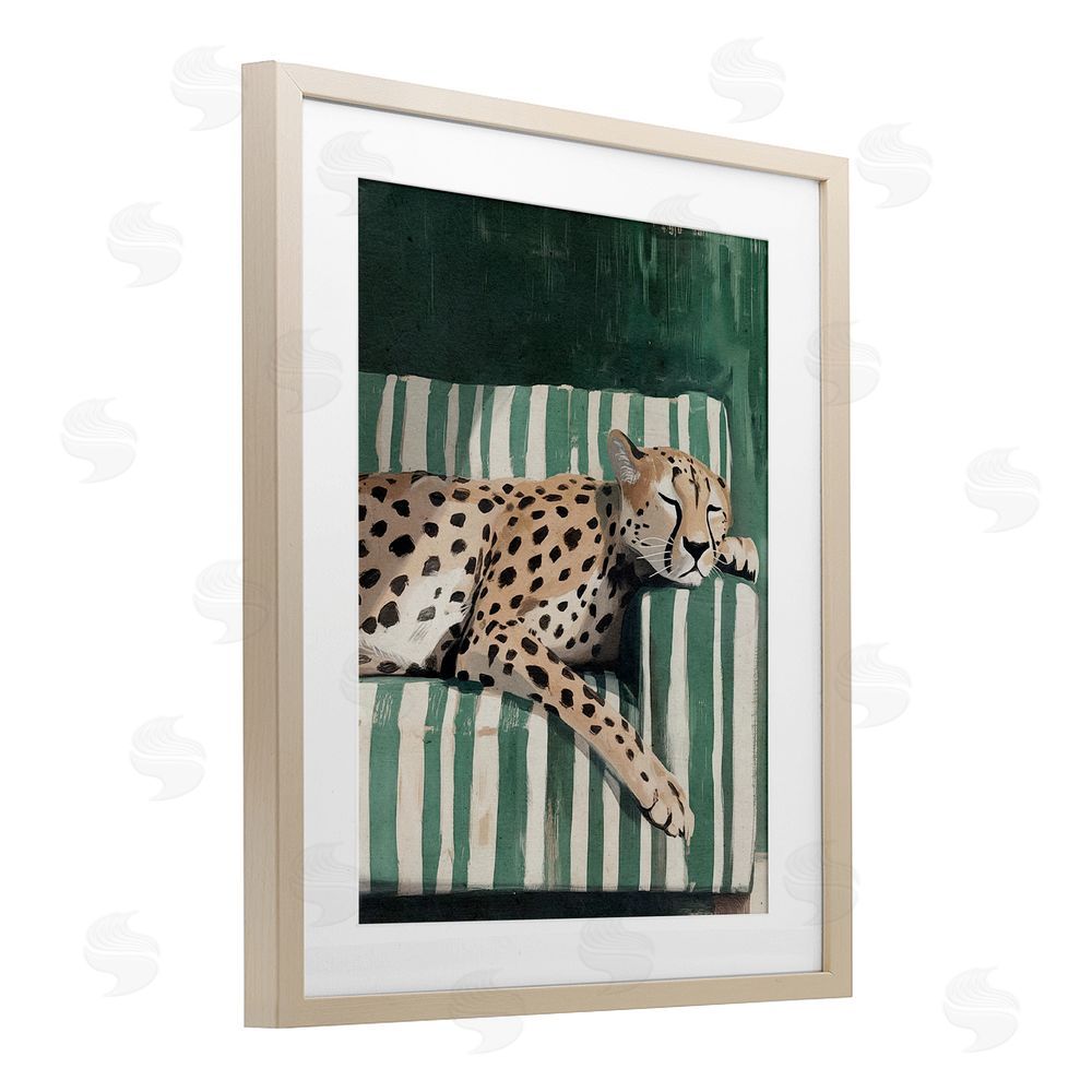 Annabelle Hall Cheetah on Striped Sofa Brown Framed Print Under Glass Wall Art